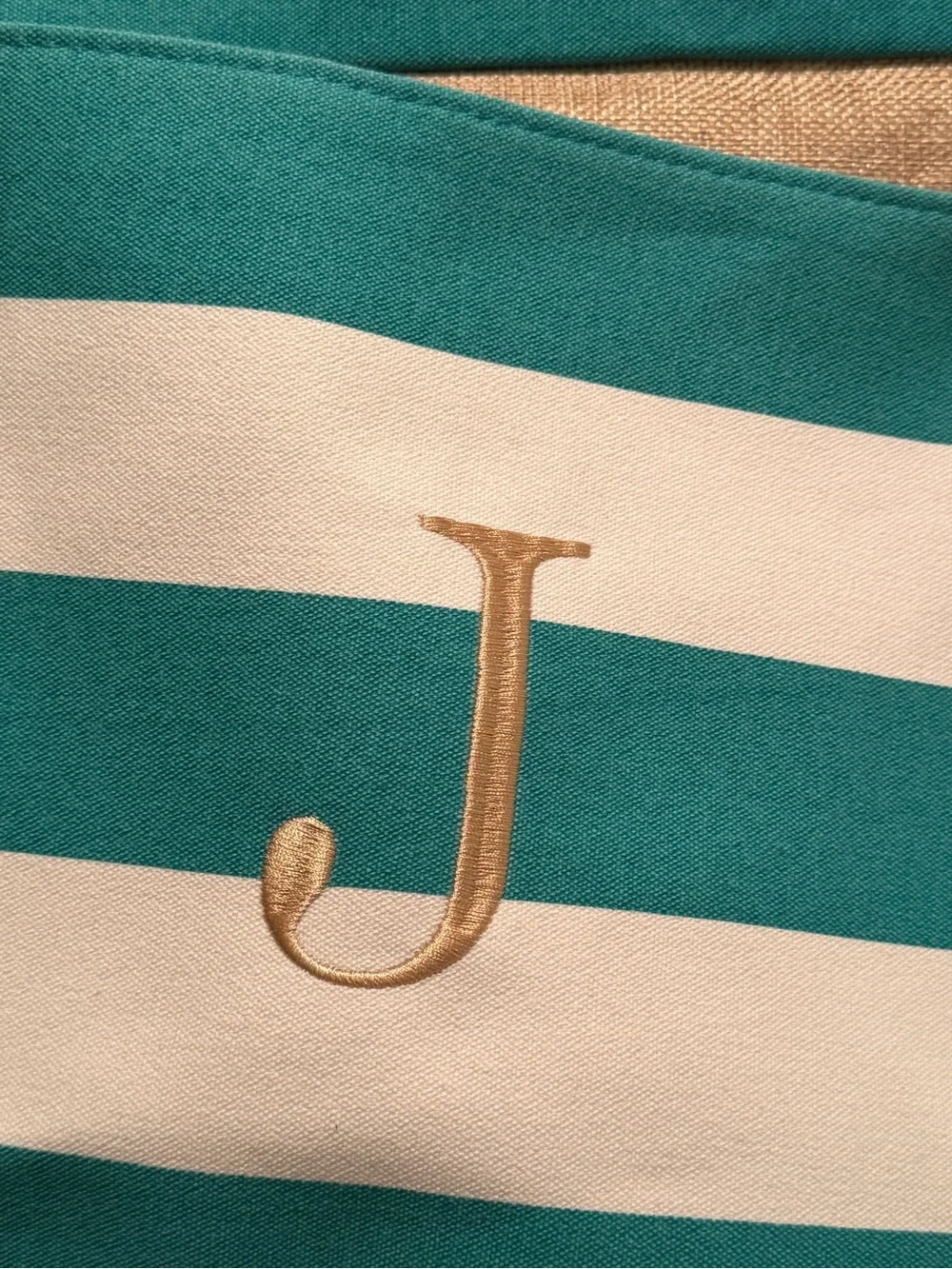 Embroidered 'J' Monogram Teal & White Striped Beach Bag with Clutch